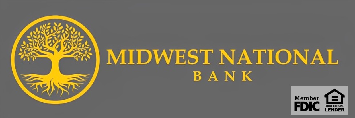 Midwest National Bank logo with a golden oak tree and name of bank with Member of FDIC and Equal Opportunity Housing Lender logo.