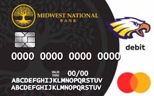 A photo of an example of your new debit card with the gold tree bank logo, name in gold, and a background image of a tree.  The Aviston Hawk logo is present in the top right corner. 