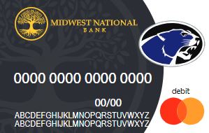 A photo of an example of your new debit card with the gold tree bank logo, name in gold, and a background image of a tree.  The Centralia cougar logo is present in the top right corner. 