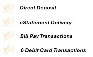 direct deposit, estatement delivery, bill pay transactions, and a minimum of six debit card transactions.