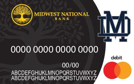 A photo of an example of your new debit card with the gold tree bank logo, name in gold, and a background image of a tree.  The Mater Dei logo is present in the top right corner. 