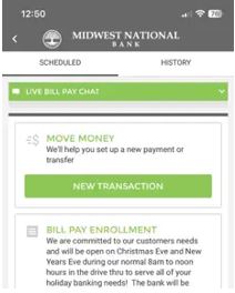 Screenshot showing the mobile banking app option to Move Money displayed by button click. 