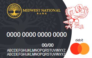 A photo of an example of your new debit card with the gold tree bank logo, name in gold, and a background image of a tree.  The Odin muscle hawk logo is present in the top right corner. 