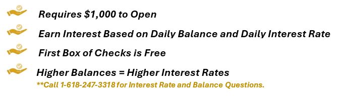 requires $1,000 to open, earn interest based on daily balance and daily interest rate, first box of checks is free, higher balances equal higher interest rates.